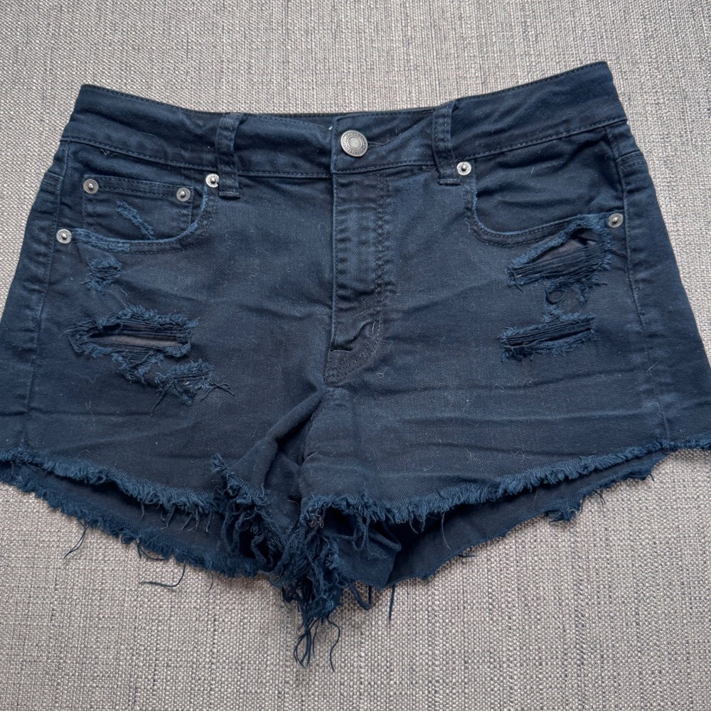 American Eagle Black Distressed Denim Cutoff Shorts Womens 10 High Rise Stretch